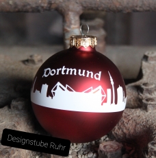 Weihnachtskugeln mit Skyline Dortmund 10cm rot matt-weiß